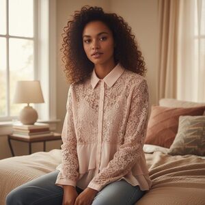 MAXSPORT Demure  Blouse Rose Pink Lace Brocade LS Chiffon Top please Read